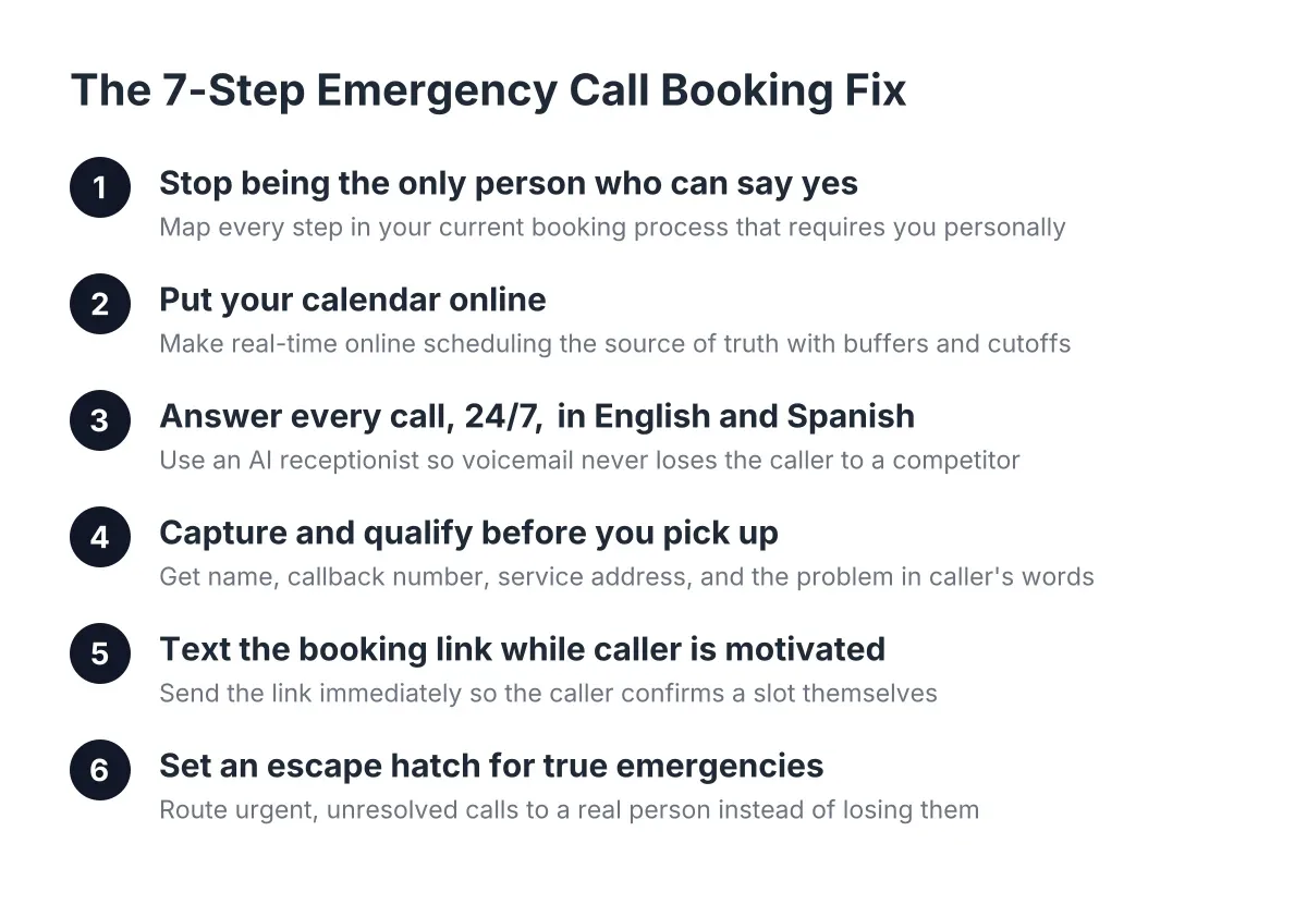 Seven process steps for fixing missed calls emergency trades booking workflow