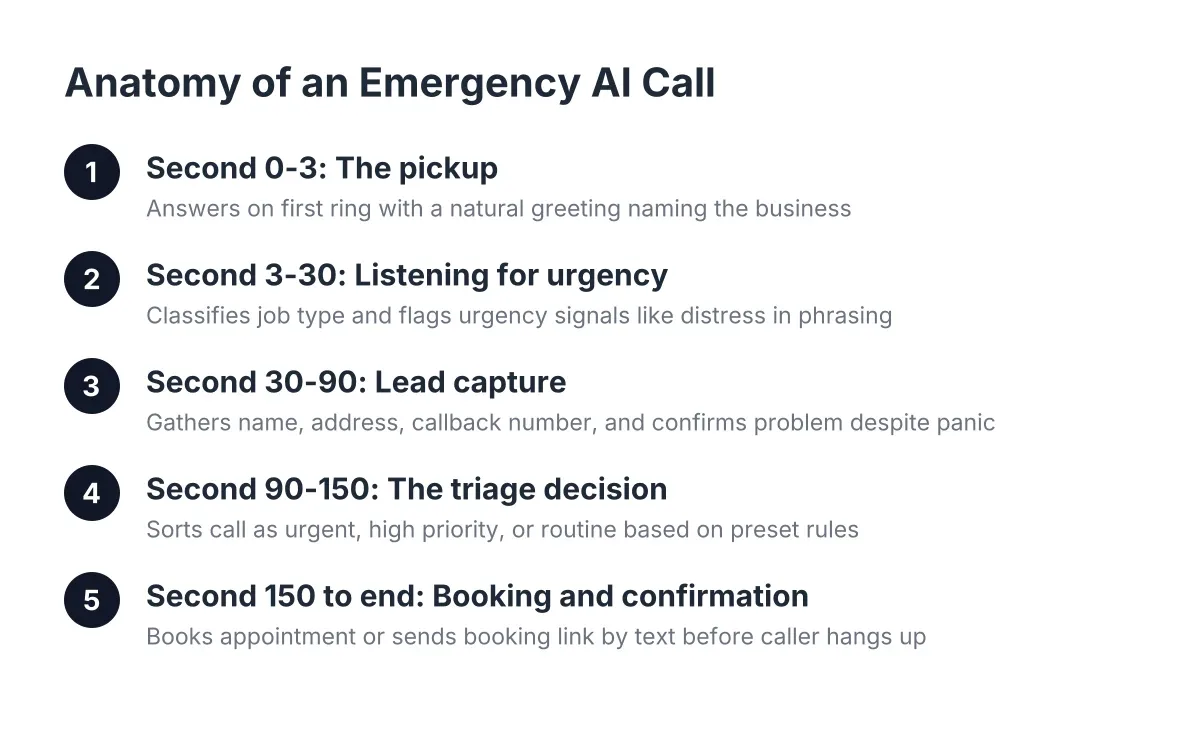 Step sequence showing how a free AI receptionist handles an emergency phone call